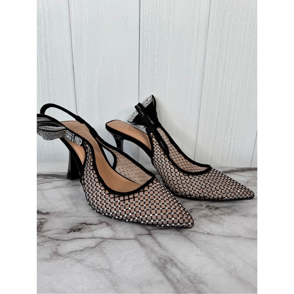 INC International Concepts Black Mesh Rhinestone Slingback Pumps Size 7 EUC